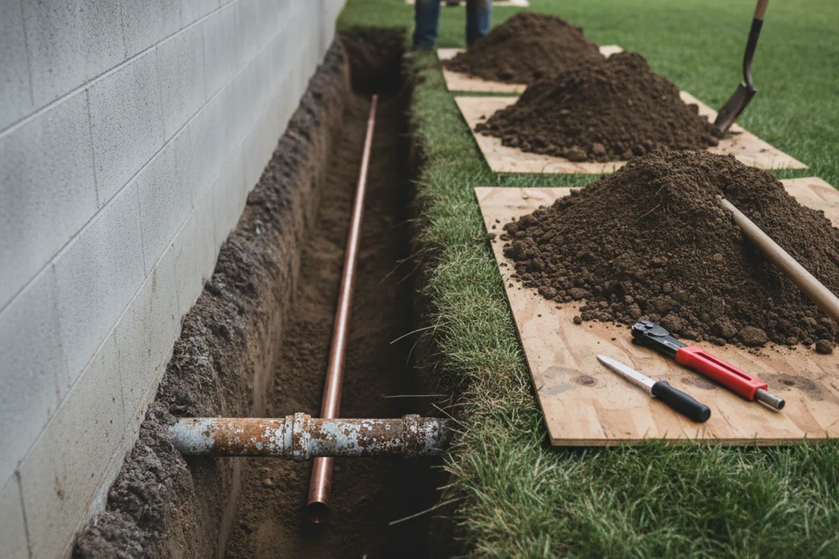 Excavated water line trench during Water Softener Installation in Dover